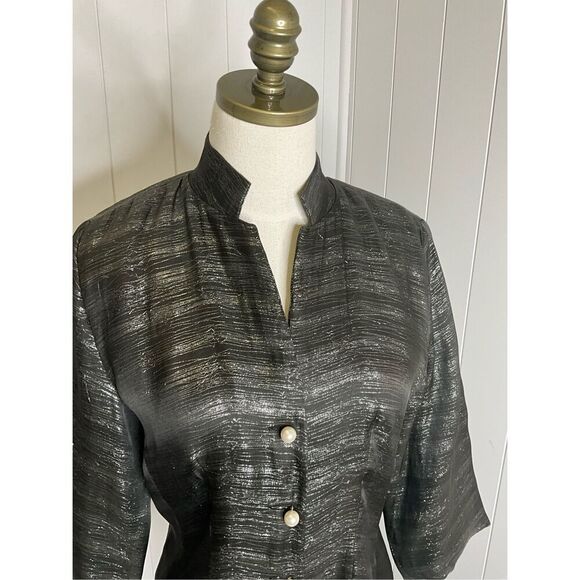Eileen Fisher Women's S Black Grey 100% Silk Ripple 3/4 Sleeve Pearl Button Top - Picture 2 of 11